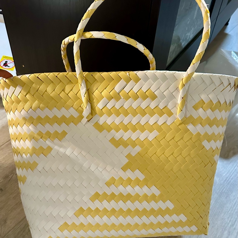 New HM Yellow and White Woven Tote Bag